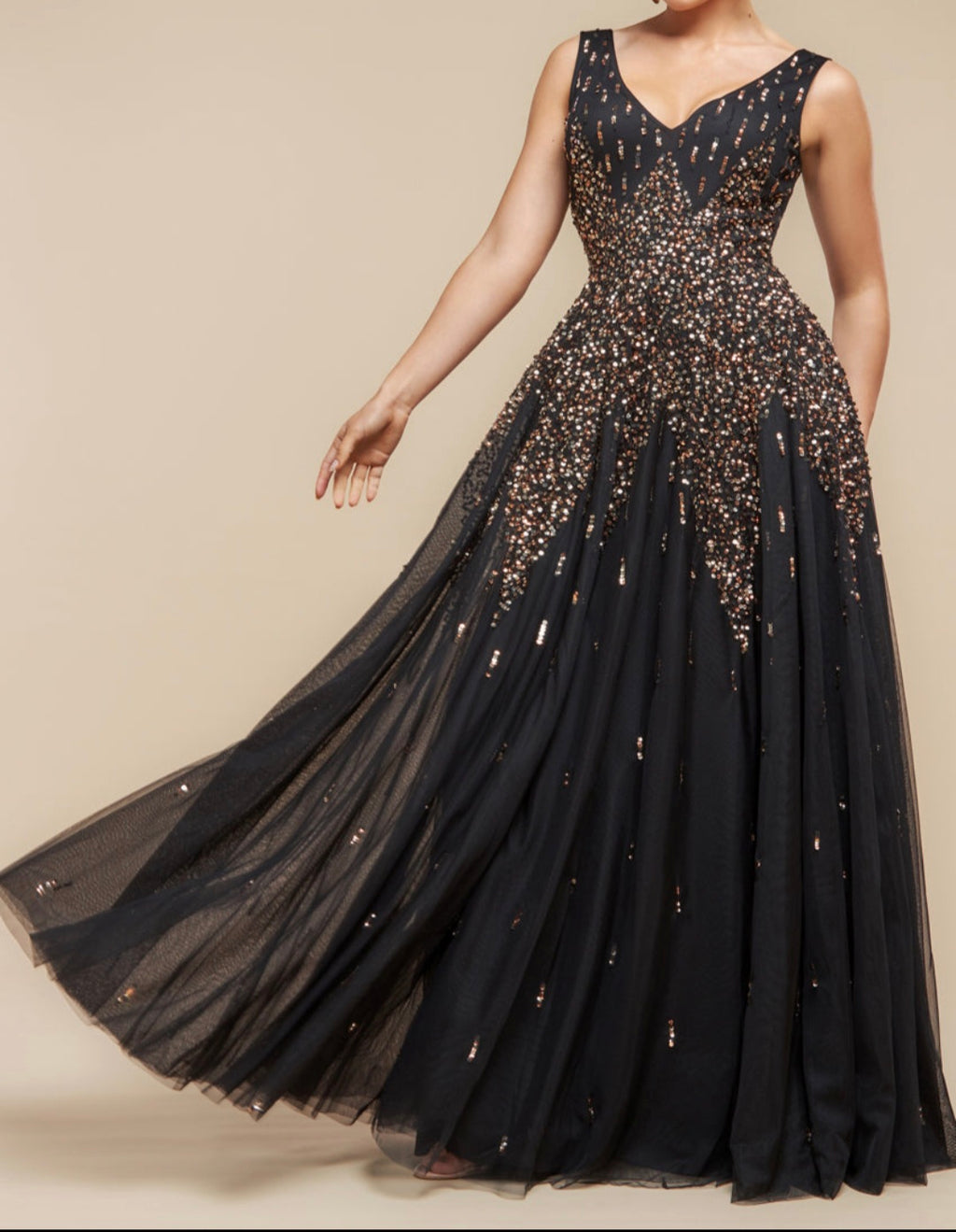 Goddiva sunray hand embellished sequin A-line sleeveless maxi dress
