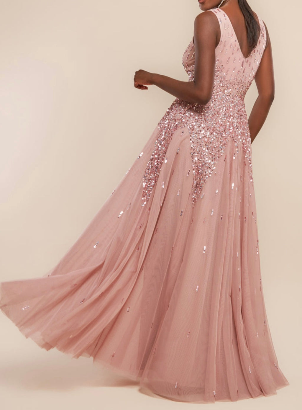 Goddiva sunray hand embellished sequin A-line sleeveless maxi dress