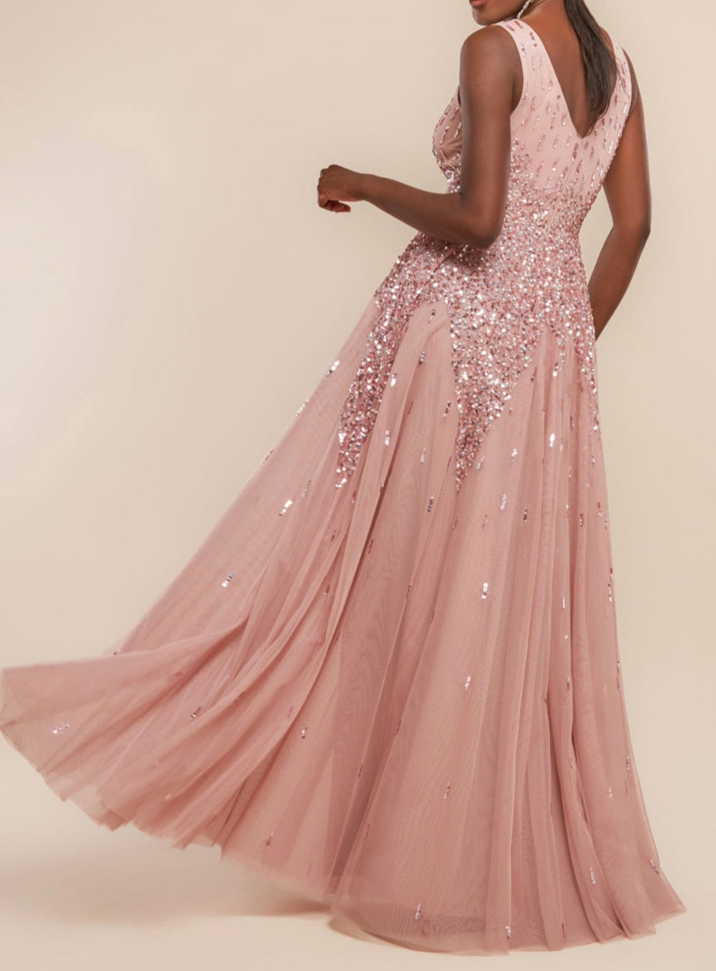 Goddiva sunray hand embellished sequin A-line sleeveless maxi dress