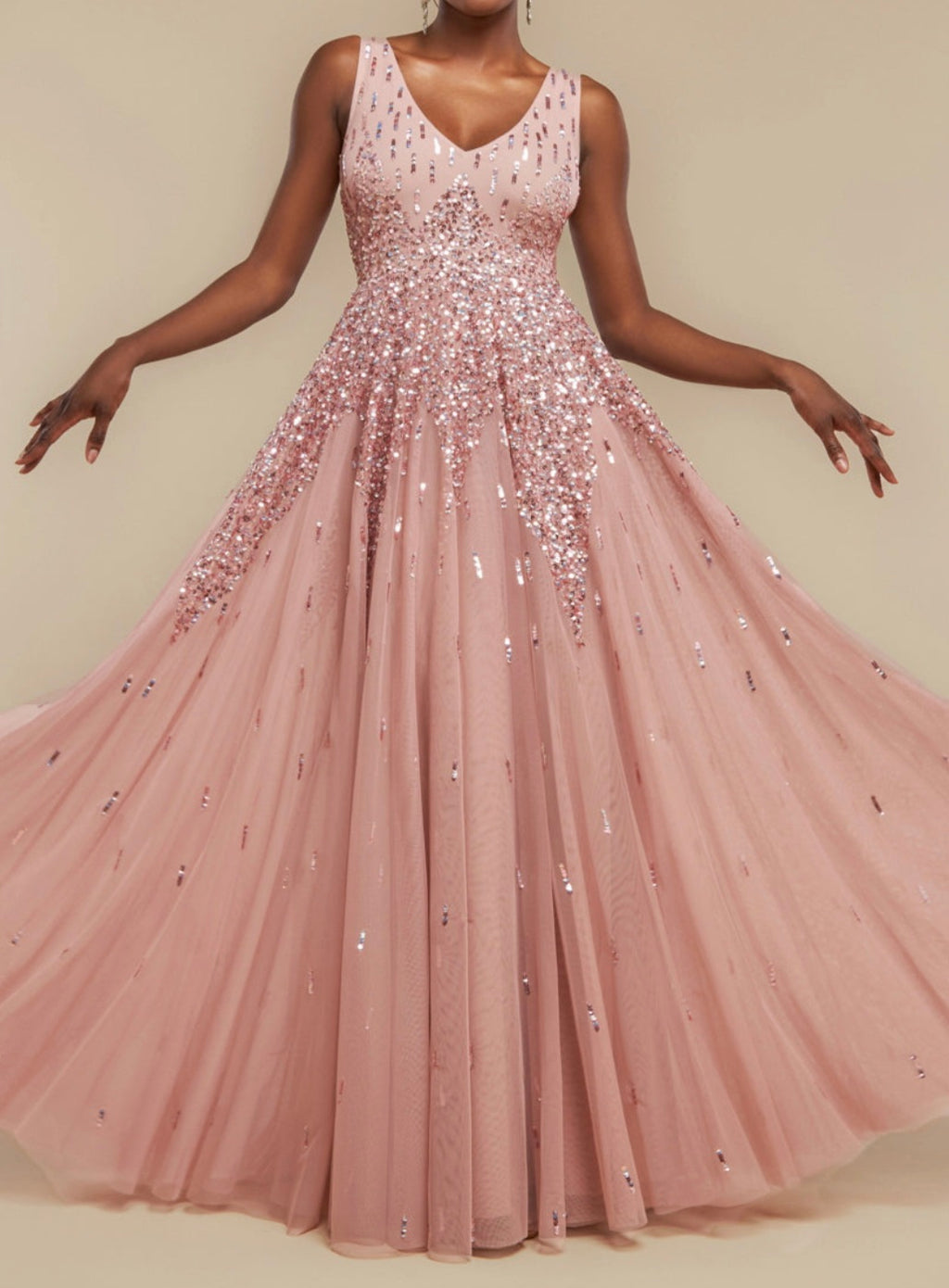 Goddiva sunray hand embellished sequin A-line sleeveless maxi dress