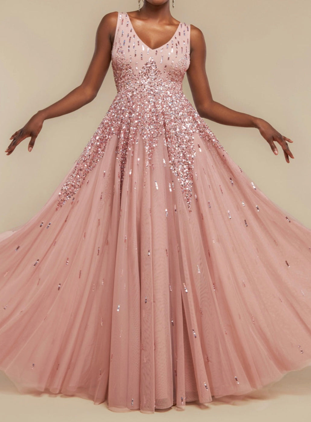Goddiva sunray hand embellished sequin A-line sleeveless maxi dress