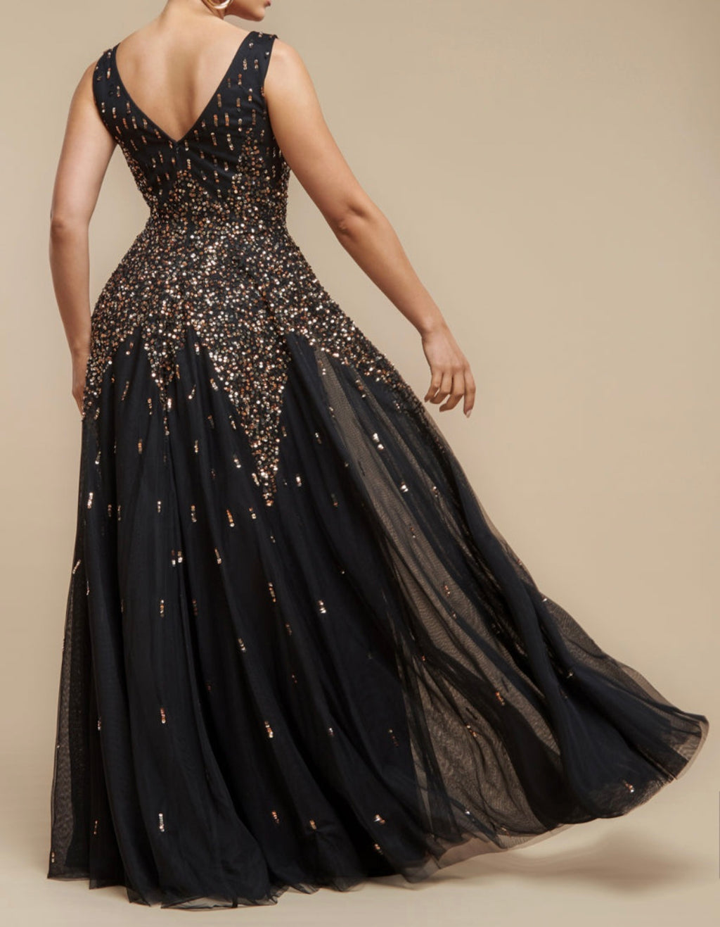 Goddiva sunray hand embellished sequin A-line sleeveless maxi dress