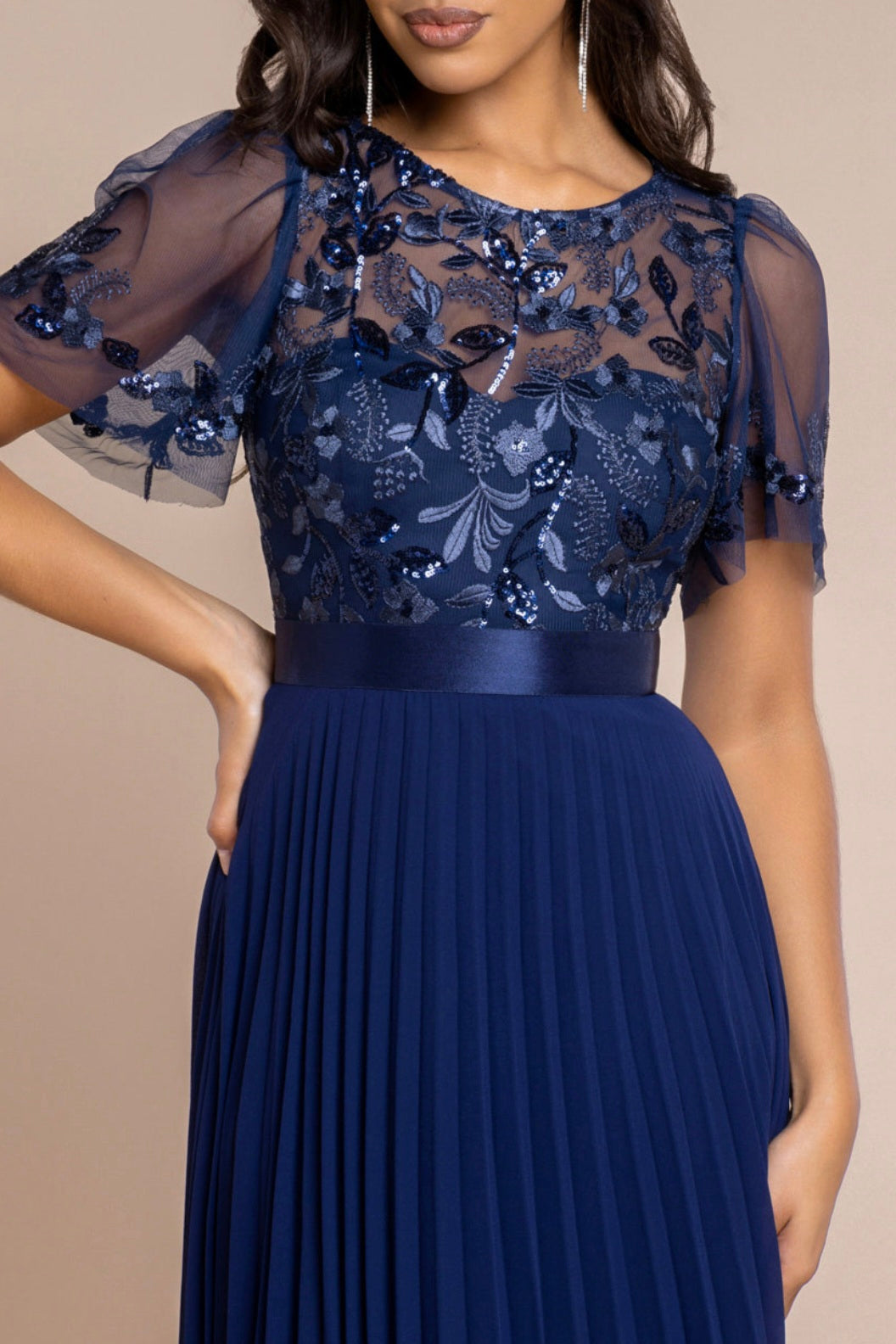 Goddiva embroidered top chiffon pleated midi
