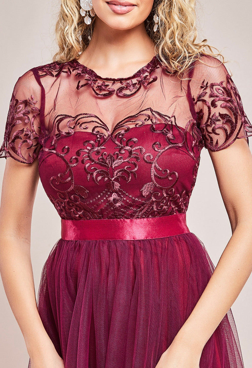 Goddiva ornate embroidered bodice mesh maxi dress