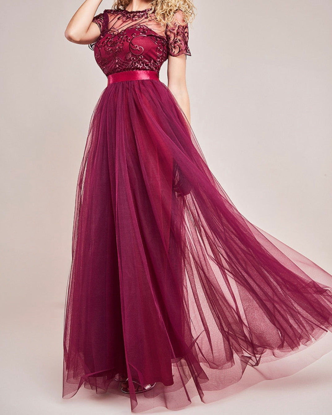 Goddiva ornate embroidered bodice mesh maxi dress