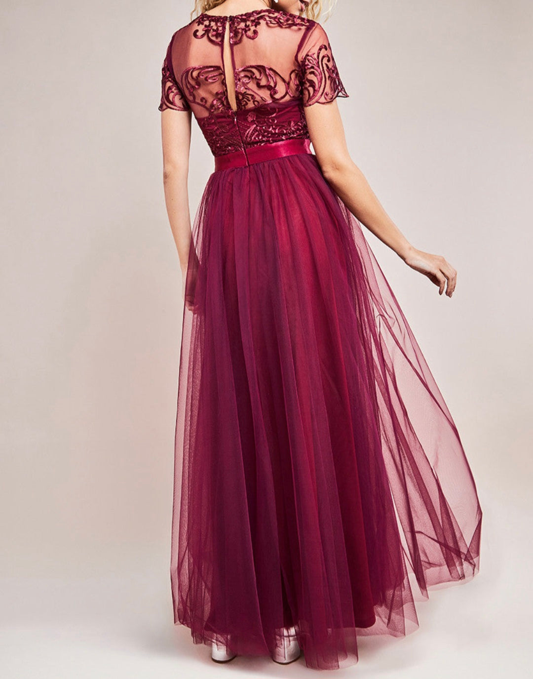 Goddiva ornate embroidered bodice mesh maxi dress