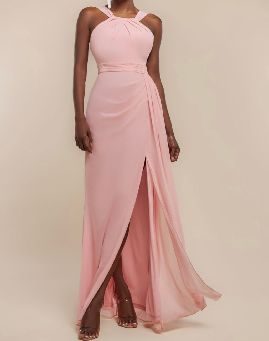 Goddiva Halterneck Thigh Split Chiffon Maxi Dress